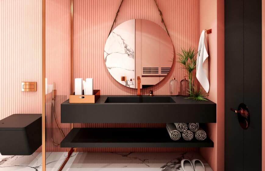 sakura rengi ahsap gorunumlu duvar dosemeli banyo mekaninda siyah mat tezgah ve lavabo uzeri ayna