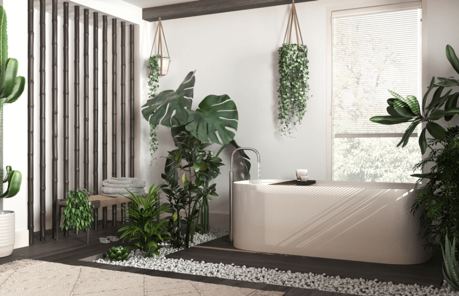 modern koyu ahsap beyaz bej tonlarda banyo, buyuk yesil bitkiler, banyoda kuvet, yerde cakil taslari dekorasyon, bambu duvar
