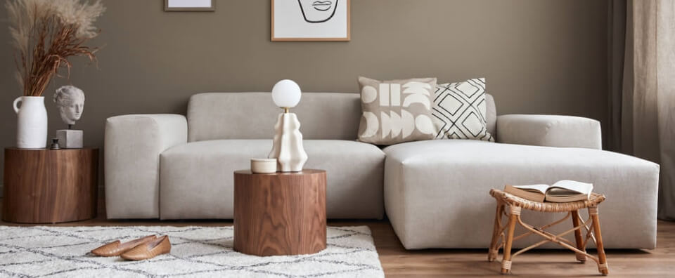 modern ev dekorasyonunda sik kanepe, sehpa, modern organik formlu vazo, kutuk sehpa