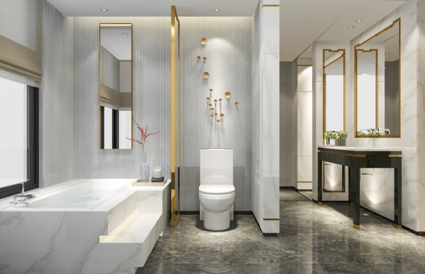 gold detayli modern banyoda altin ve beyaz renk paleti, klasik ve cagdas tasarim, altin cerceve ayna
