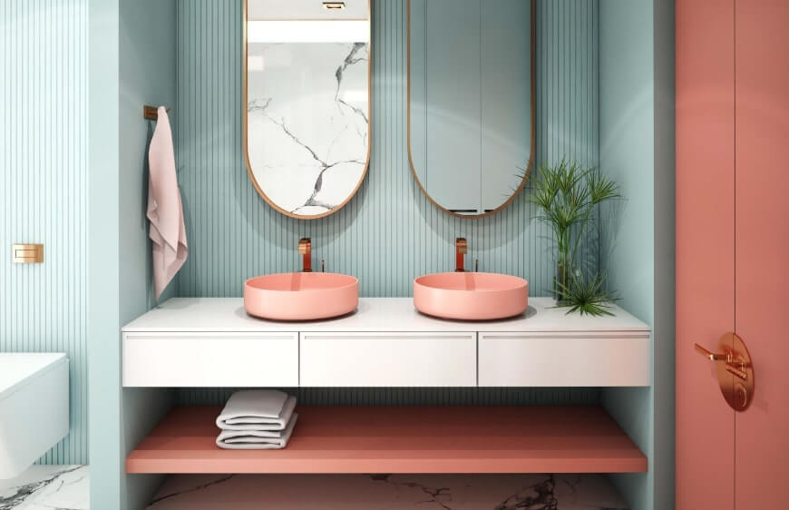 modern ve renkli iki lavabolu banyo ic tasarimi 