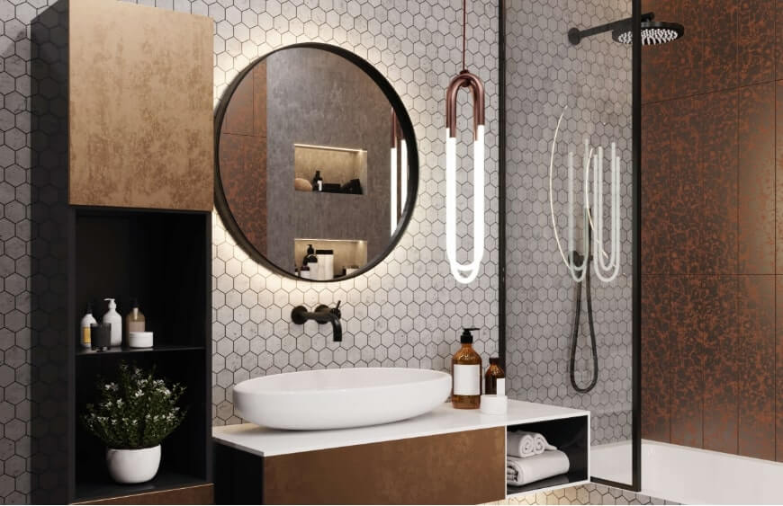 ahsao boy dolabi ve lavabo tezgahi olan modern banyo ic mekaninda altigen bal petegi fesenli beyaz renkli karo dosemesi