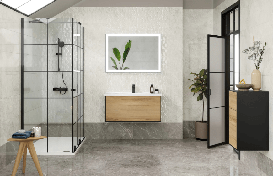 modern ciftlik evi banyosu ahsap banyo dolaplari mermer yer seramik, siyah lavabo bataryasi, siyah detaylar