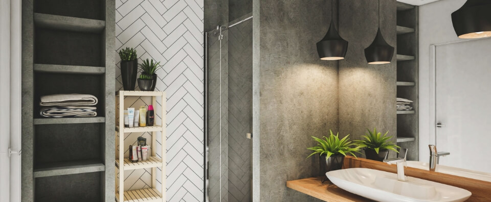 yesil retro banyo dolabi beyaz canak lavabolu banyo detayi ve banyoda siyah beyaz minimal duvar kagidi