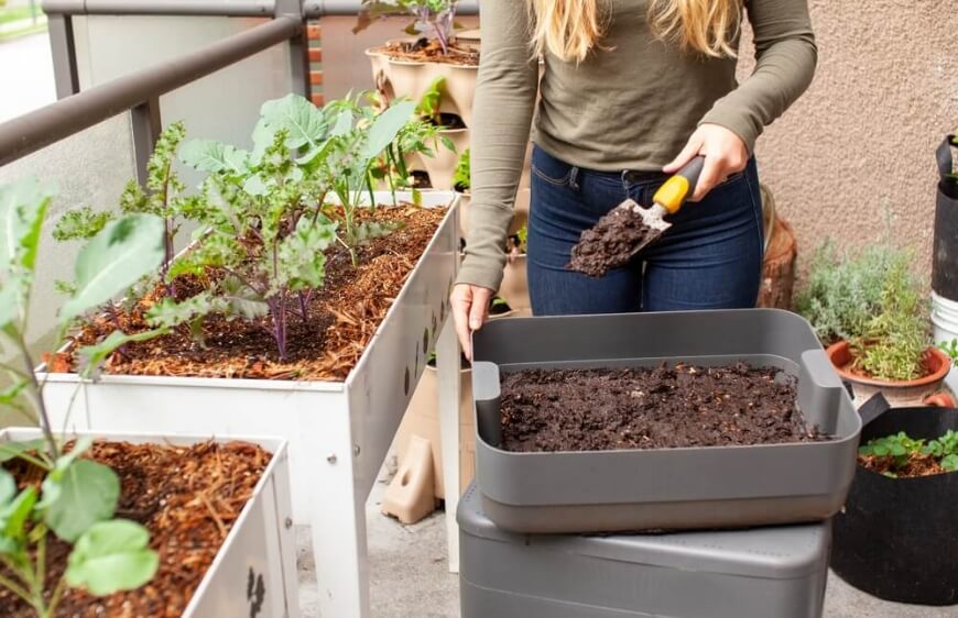 solucanlar ve yiyecek artiklari ile kompost yapan kadın