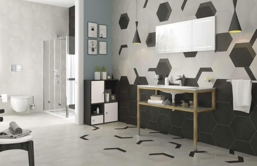 banyo tasariminda kaleseramik provenza serisi modern geometrik desenli karo mix and match duvar ve zemin dosemesi