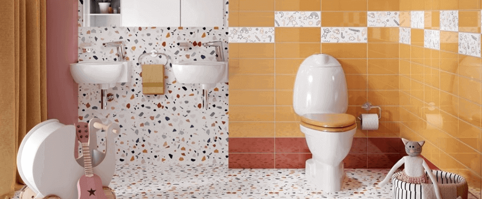 Kaleseramik cocuk banyo, cocuk banyo urunleri, cocuk klozet, cocuk lavabo, cocuk banyo seramikleri, terazzo seramik, miniatile collection kids, Kids Joy Blue Red Mix, Windsor-Red, Honey,  Kids Joy Terrazzo