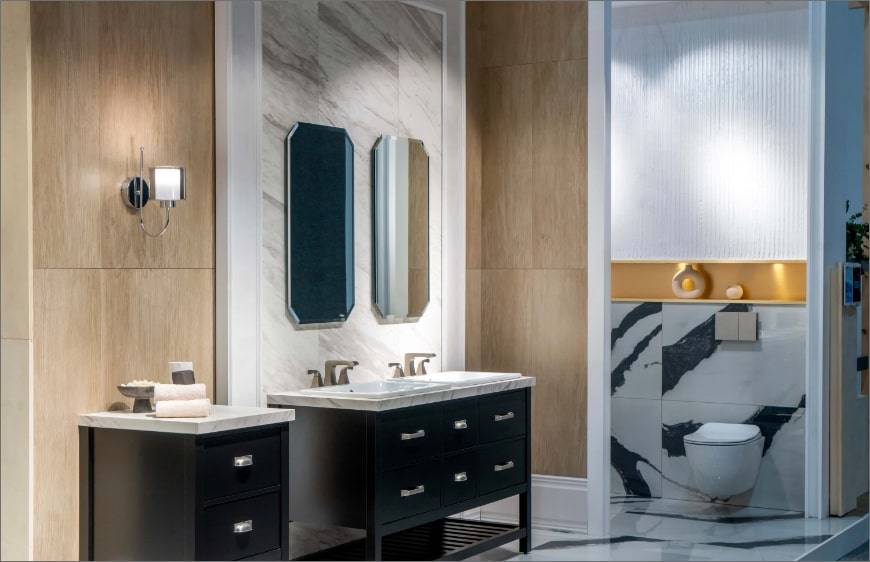 unicera 2021 fuari kale banyo siyah modern lavabo dolabi seti, siyah beyaz mermer, gold bordur