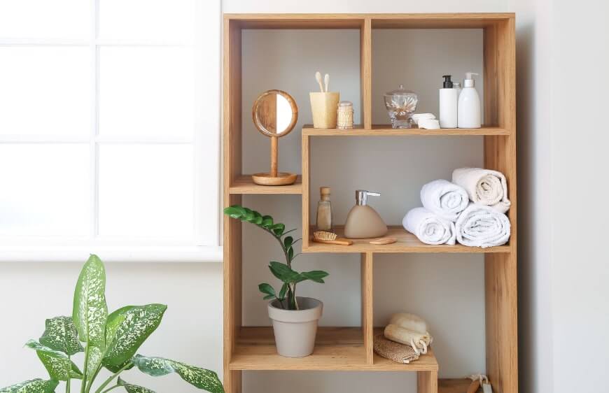 havlu, banyo aksesuarlari depolamak icin ahsap acik sistem banyo raflari