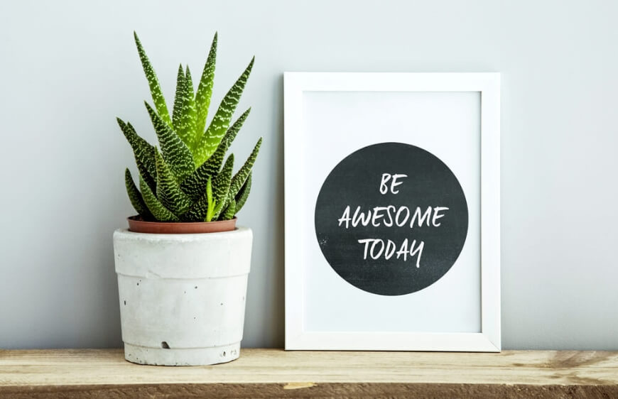 be awesome today yazili siyah beyaz cerceve ve saksida kaktus