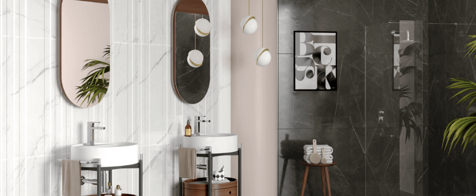 kale banyo icon serisi ahsap siyah metal minimal cekmeceli banyo dolabi seti, ikiz lavabolu banyo, canak beyaz lavabo