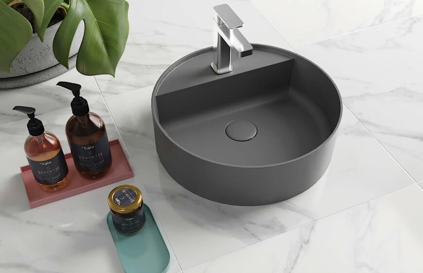 yuvarlak ve organik formlu mat koyu gri lavabo kale banyo smartedge serisi