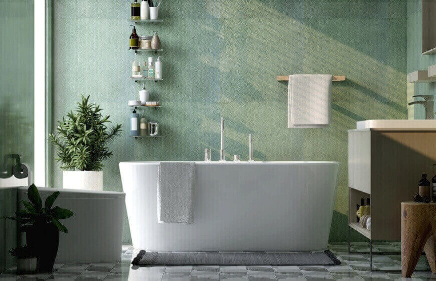 yesil duvarli ve mermer zeminli modern luks banyo mekaninda kuvet, lavabo dolabi, duvara monte aski