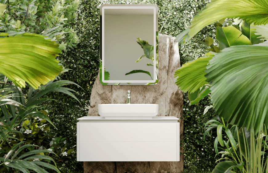 yesil ve surdurulebilir banyo tasarim trendi, yesillik ve orman icerisinde banyo lavabosu dolap ve ayna gorseli