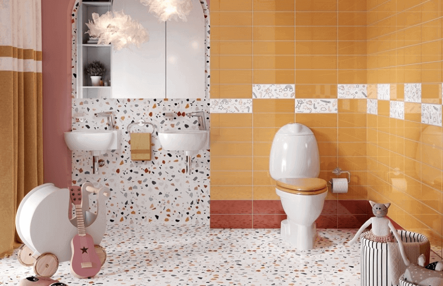 Kaleseramik cocuk banyo, cocuk banyo urunleri, cocuk klozet, cocuk lavabo, cocuk banyo seramikleri, terazzo seramik, miniatile collection kids, Kids Joy Blue Red Mix, Windsor-Red, Honey,  Kids Joy Terrazzo