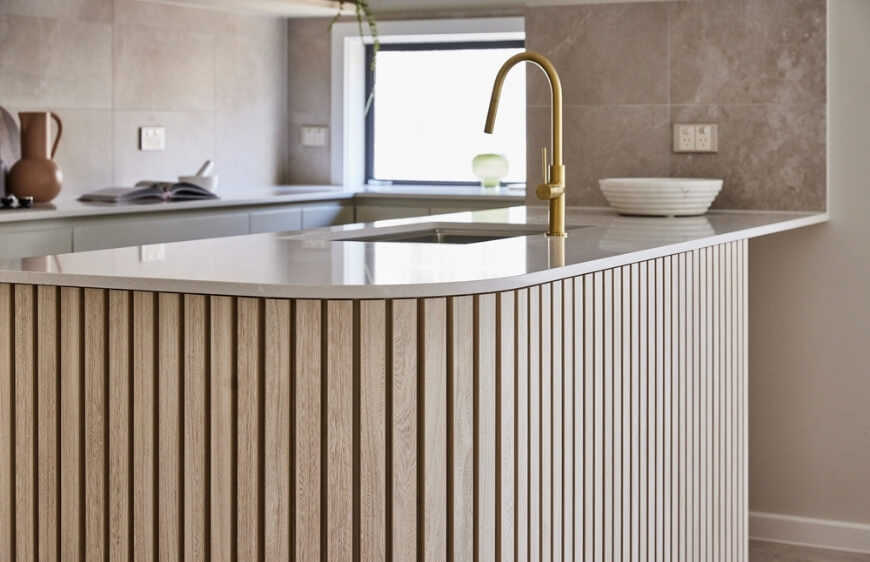 birch wood solid detailed kitchen island in modern contemporary scandi style kitchen