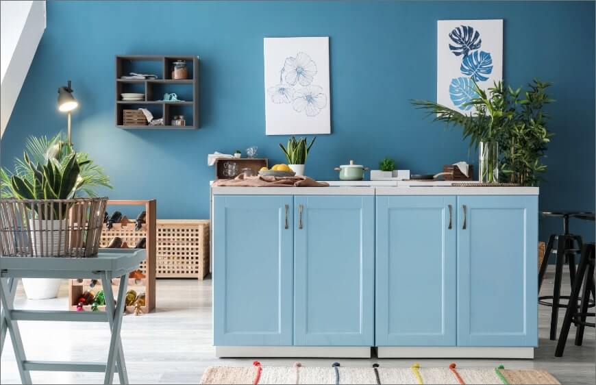 renkli mutfak tasariminda mavi renk mutfak dolaplari ve mavi duvar boyasi, acik raflar, mutfakta buyuk yesil bitki