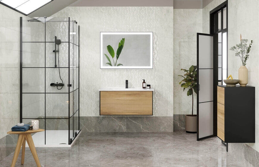gri yer ve duvar seramiklerinin kullanildigi siyah profilli dusakabin banyo ve ahsap lavabo dolabi, ahsap iskemle tabure