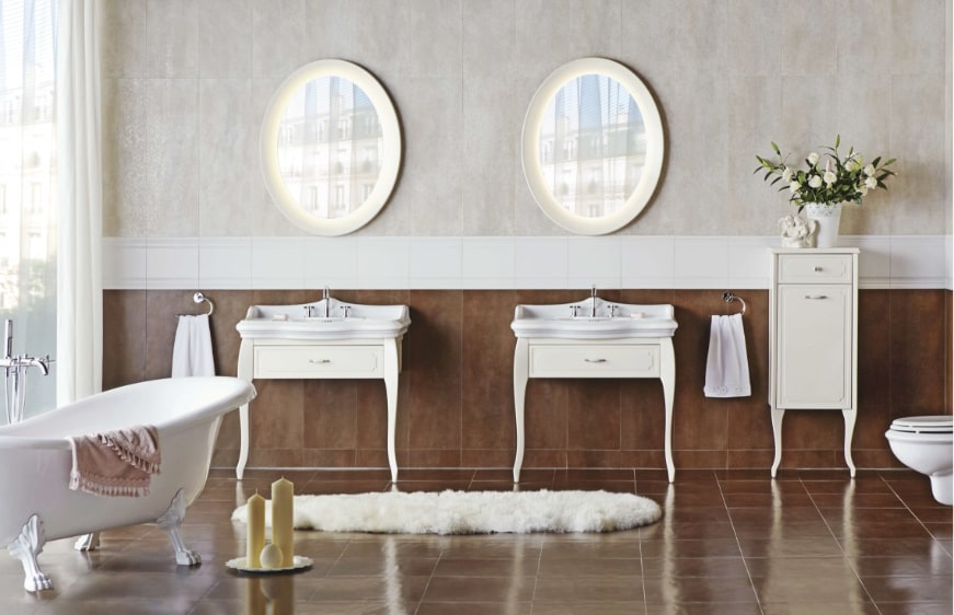 kale banyo victorian koleksiyonu ikiz lavabolu banyo mobilyalari, tuylu hali ve vintage etajer