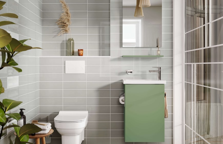 kucuk ve dar banyo mekanlari icin tasarlanmis yesil renkte kale banyo minimalist serisi yan bataryali lavabo ve yesil lavabo dolabi