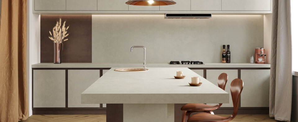 modern salon ve acik mutfakta brut beton mutfak adasi kaleseramik cstone bej metalik kizil ve toprak tonlari dogal mutfak