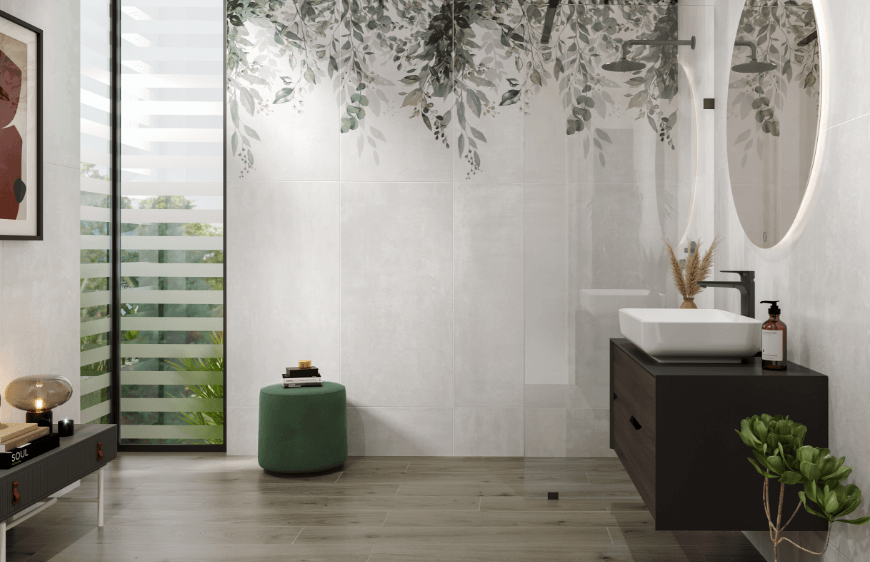 canakkale seramik soul floral cicek desenli seramik ile naturel bej tonlarda banyo tasarimi