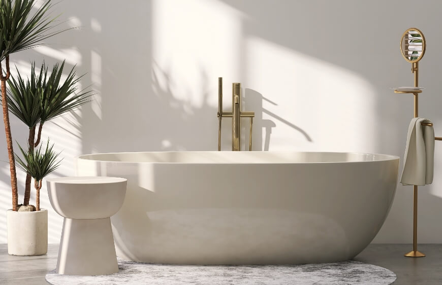 kuvetli banyoda altin gold kuvet bataryasi ve minimalist beyaz banyo
